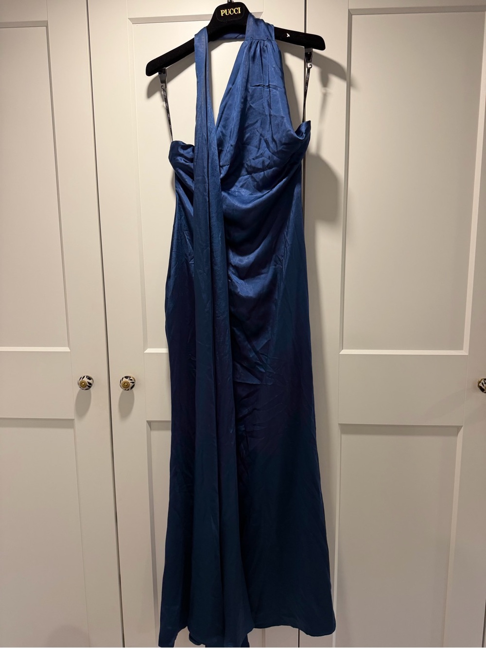 One-Shoulder Satin Evening Gown in Deep Blue